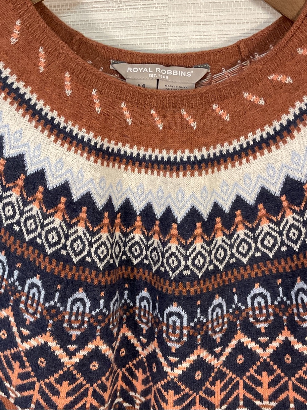 Royal Robbins Westlands Fair Isle Crew Sweater Merino Wool Blend Med Blue Brown - Picture 5 of 14